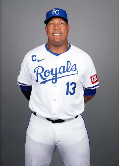 Kansas City Royals catcher Salvador Perez poses for a portrait during a spring training photo day on Thursday, Feb. 22, 2024, in Surprise, Ariz.