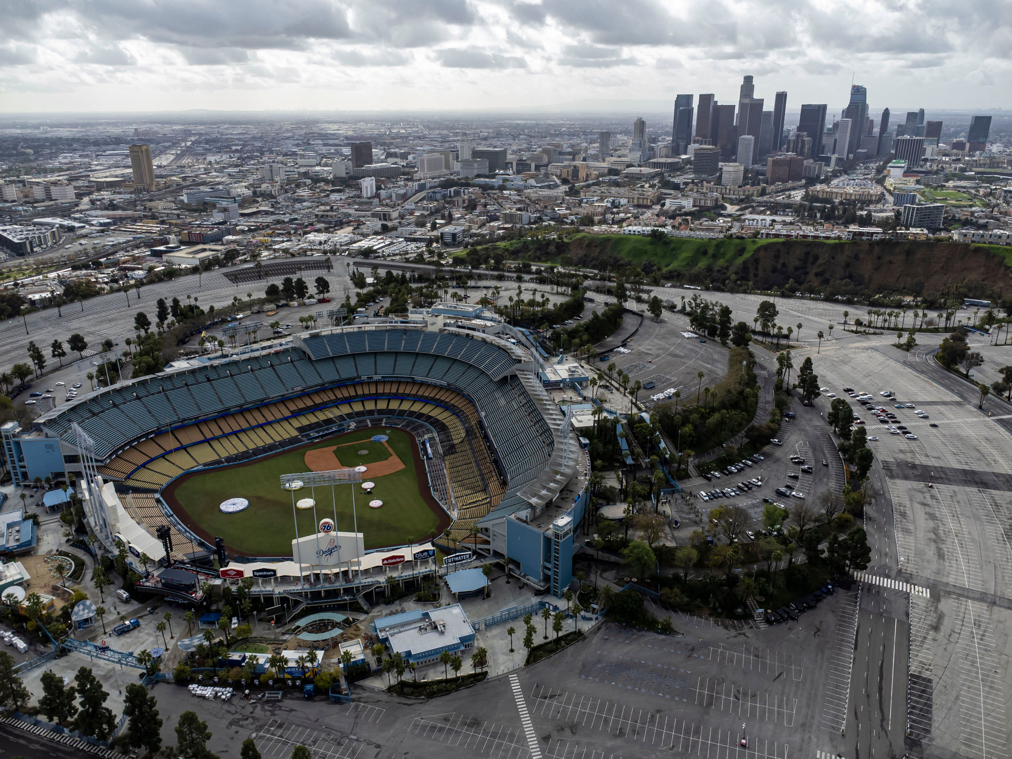 An aerial view of Dodger Stadium in Los Angeles, California.