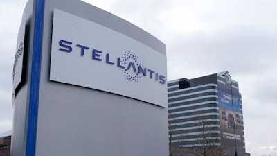 This photo shows the Stellantis sign outside the Chrysler Technology Center in Auburn Hills, Mich, on Jan. 19, 2021.