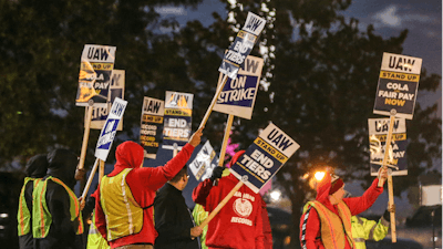 UAW local 862 members strike outside of Ford's Kentucky Truck Plant in Louisville, Ky., on Thursday, Oct. 12, 2023.