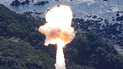 Space One's Kairos rocket explodes after liftoff from a launch pad in Kushimoto, Wakayama prefecture, western Japan, Wednesday, March 13, 2024. ()