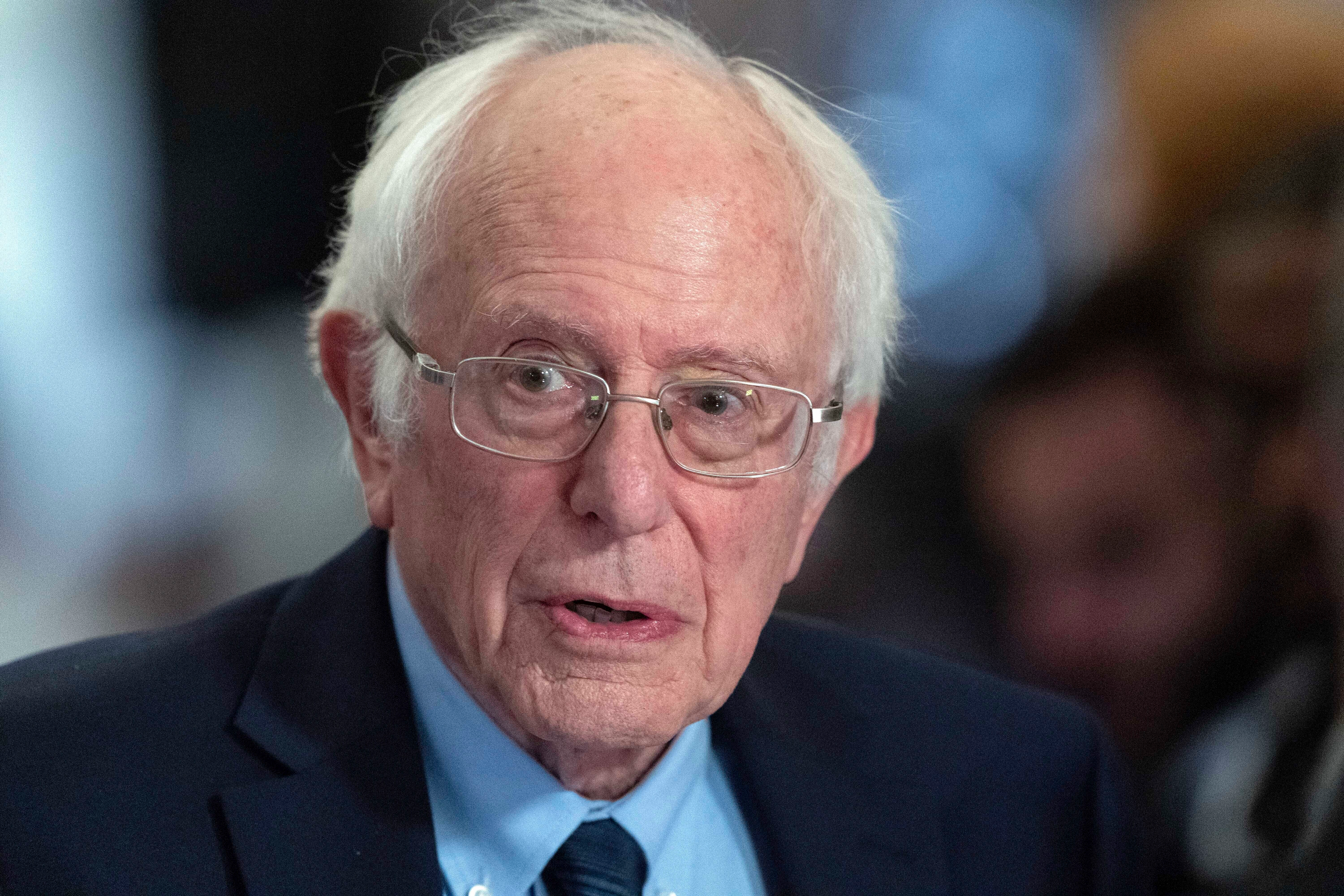 Sen. Bernie Sanders, I-Vt., talks to reporters at the Capitol, March 7, 2024.