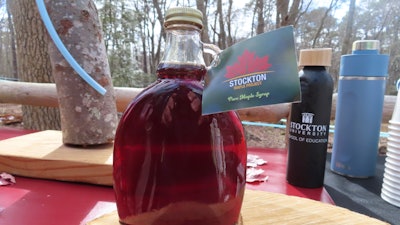 A bottle of maple syrup produced by Stockton University's Maple Project, Galloway, N.J., Feb. 21, 2024.