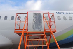 This image taken Jan. 7, 2024, and released by the National Transportation Safety Board, shows a section of the Boeing 737-9 Max that lost a panel in flight, in Portland, Ore.