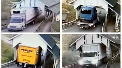 This selection of undated still frames from security video camera footage provided by Michael Grant shows a variety of oversized box trucks crashing through the historic Miller's Run covered bridge in Lyndon, Vt.