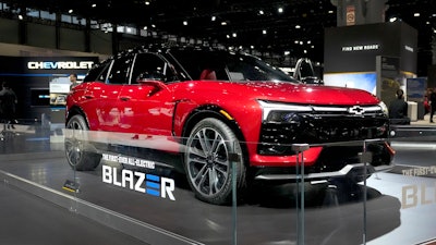 The 2024 Chevrolet Blazer EV sits on display at the Chicago Auto Show, Thursday, Feb. 9, 2023, in Chicago.