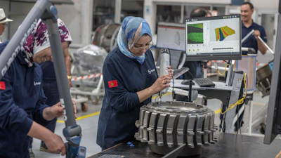 Women workers repair aircraft parts inside Safran Aircraft Engines repair plant outside of Casablanca, Morocco, Thursday, April 18, 2024.