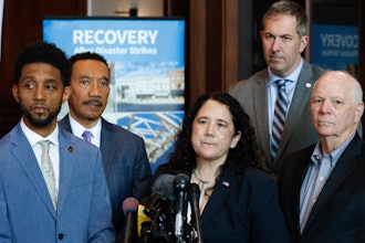 Small Business Administration administrator Isabel Guzman, surrounded by Baltimore Mayor Brandon Scott, from left, Rep. Kweisi Mfume, D-Md., Baltimore County Executive Johnny Olszewski and Sen. Ben Cardin, D-Md., speaks during a press conference at the SBA business recovery center, Thursday, April 4, 2024, in Baltimore.