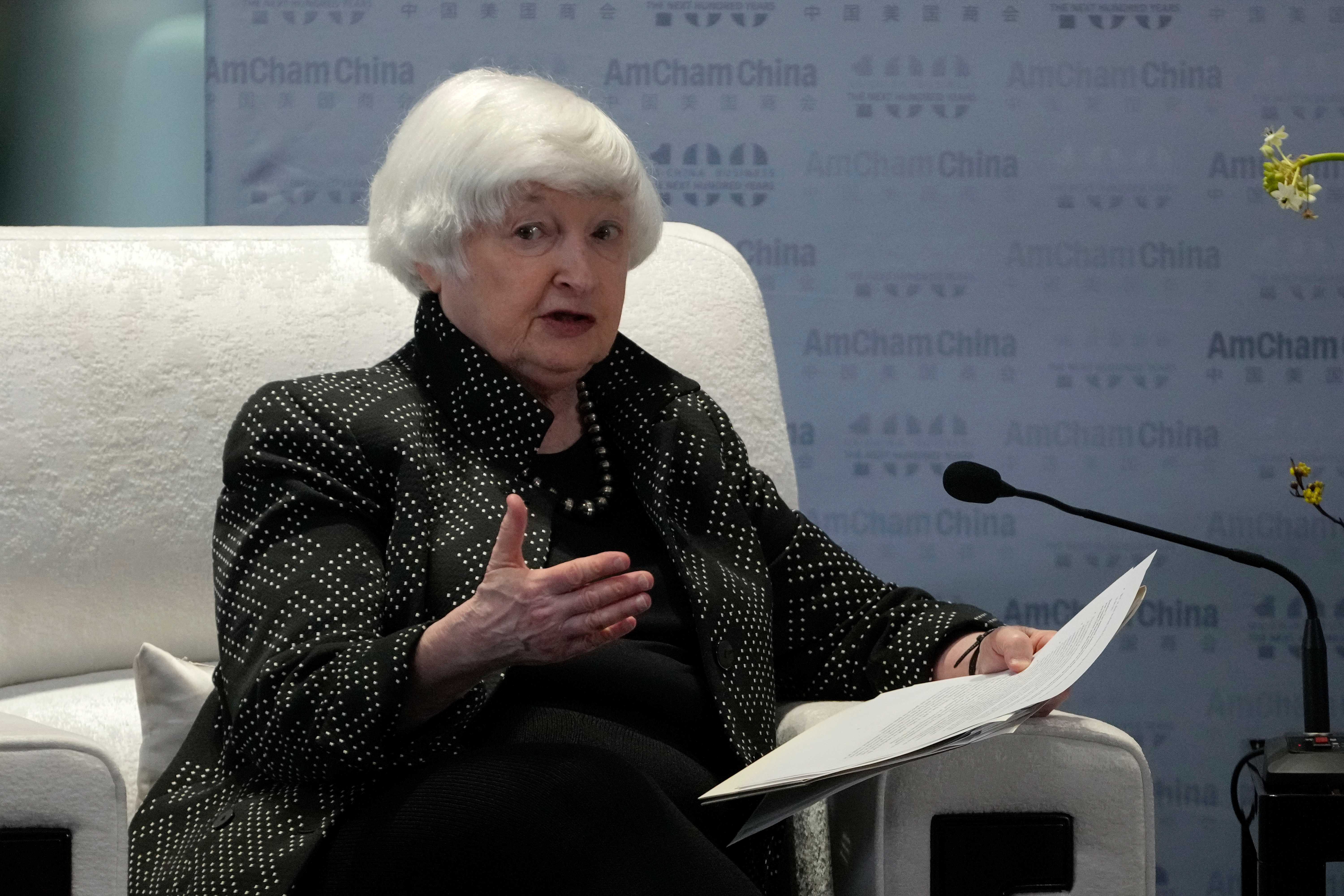 U.S. Treasury Secretary Janet Yellen speaks during the AmCham China Fireside Chat held at the Baiyun International Conference Center (BICC) in southern China's Guangdong province, Friday, April 5, 2024.