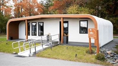 The University of Maine's first 3D printed home sits on Oct. 12, 2023, in Orono, Maine.