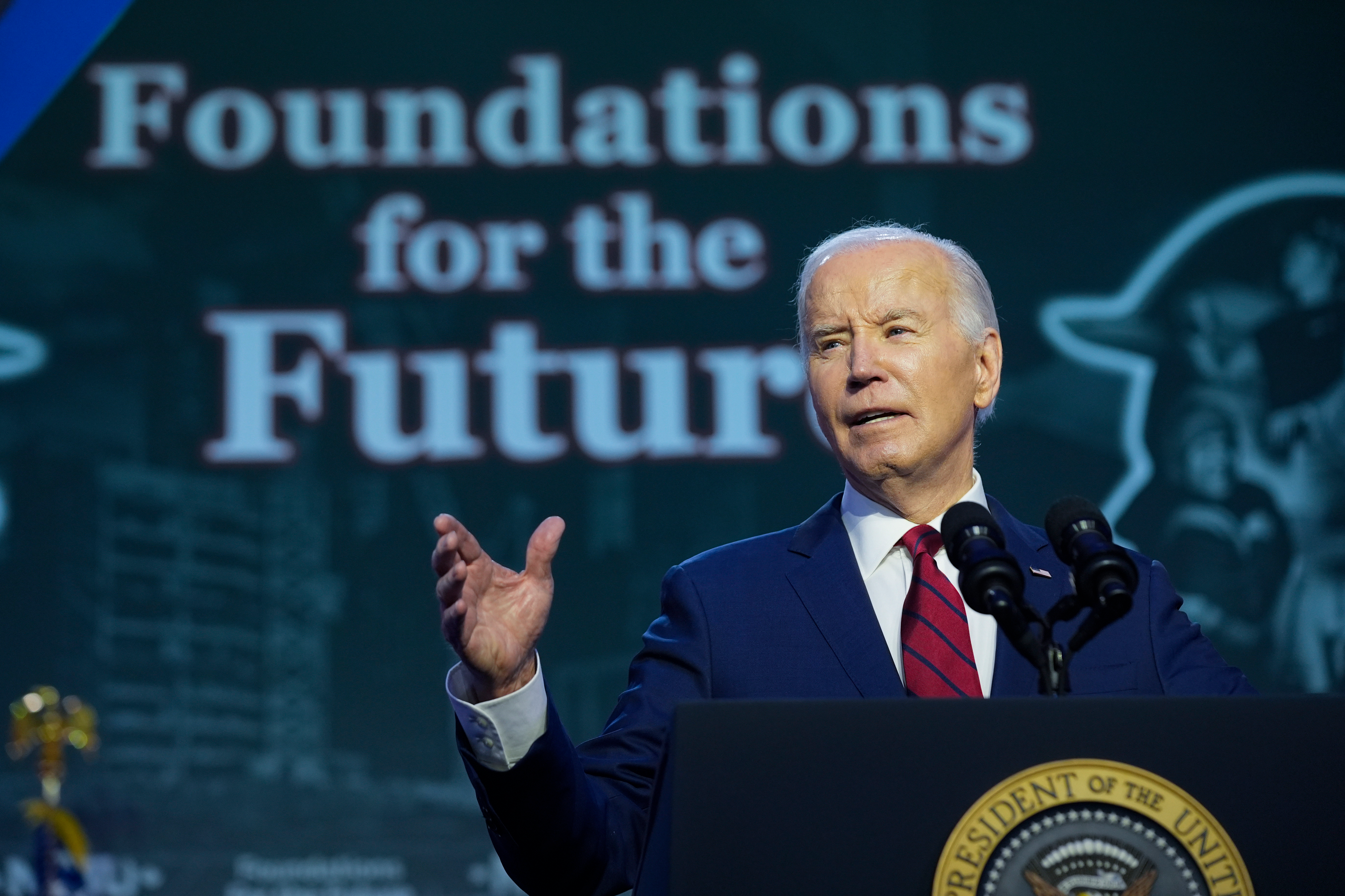 President Joe Biden speaks to the North America's Building Trade Union National Legislative Conference, Wednesday, April 24, 2024, in Washington.