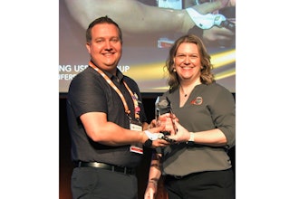 (Left) Chris Baschuk of Point Designs LLC, with Bonnie Meyer, accepting the award for his first-place finish in the Advanced Concepts category of AMUG’s 2024 Technical Competition.