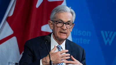 Federal Reserve Chair Jerome Powell participates in a Washington Forum on the Canadian Economy, together with Tiff Macklem, Governor of the Bank of Canada, Wednesday, April 16, 2025, in Washington.