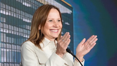 General Motors CEO Mary Barra addresses a news conference, Monday, April 15, 2024 in Detroit.