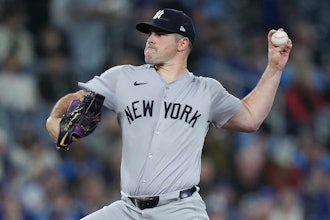 New York Yankees pitcher Carlos Rodon works against the Toronto Blue Jays during the first inning of a baseball game in Toronto on Tuesday, April 16, 2024.