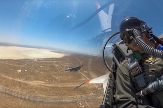 This image from remote video released by the U.S. Air Force shows Air Force Secretary Frank Kendall during his experimental flight inside the cockpit of a X-62A VISTA aircraft autonomous warplane above Edwards Air Base, Calif, on Thursday, May 2, 2024. The AI-controlled flight is serving as a public statement of confidence in the future role of AI in air combat.