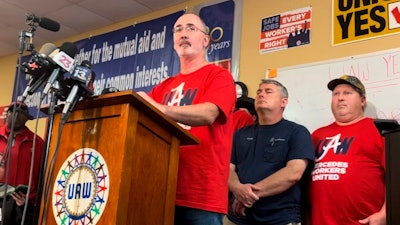 United Auto Workers President Shawn Fain speaks to reporters in Tuscaloosa, Ala., on Friday, May 17, 2024, after workers at two Alabama Mercedes-Benz factories voted overwhelmingly against joining the UAW.