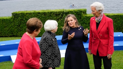 From left, International Monetary Fund Managing Director and Chairman of the Executive Board Kristalina Georgieva, United States' Treasury Secretary Janet Yellen, Canada's Finance Minister Chrystia Freeland and President of the European Central Bank Christine Lagarde meet during the G7 Finance Ministers meeting in Stresa, northern Italy, Friday, May 24, 2024.