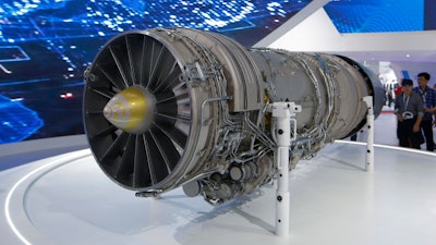 The Chinese WS-10 Taihang turbofan engine is displayed during the 12th China International Aviation and Aerospace Exhibition.