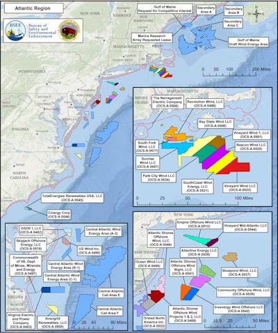 Continental shelf areas leased for wind power development along the Atlantic coast.