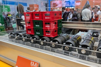 A model of a Heineken Brasil conveyor belt with lubrication-free polymer bearings on display at Hannover Messe 2024.