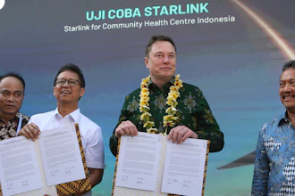 Indonesian Minister of Health Budi Gunadi Sadikin, second from left, and Elon Musk, second from right, sign an agreement on enhancing connectivity at a public health center in Denpasar, Bali, Indonesia on Sunday, May 19, 2024.