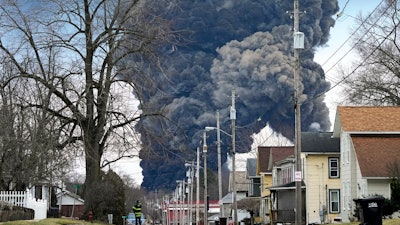 A black plume rises over East Palestine, Ohio, as a result of the controlled detonation of a portion of the derailed Norfolk Southern trains Monday, Feb. 6, 2023.