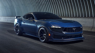 This photo provided by Ford shows the 2024 Mustang Dark Horse. Fitted with a 500-horsepower V8, the Dark Horse is the most powerful Mustang for 2024.
