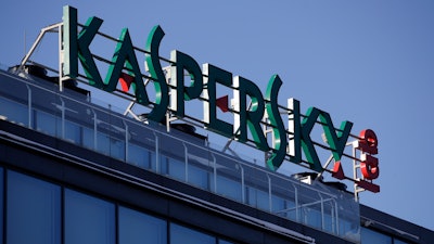 The sign is seen above the headquarters of Kaspersky Lab in Moscow.