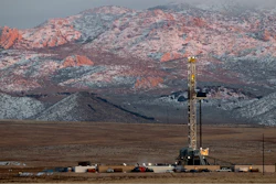 A drill rig stands at a Fervo Energy geothermal site under construction near Milford, Utah.
