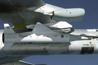 NASA’s B-52B launch aircraft cruises to a test range over the Pacific Ocean carrying the third and final X-43A vehicle, attached to a Pegasus rocket, on Nov. 16, 2004.