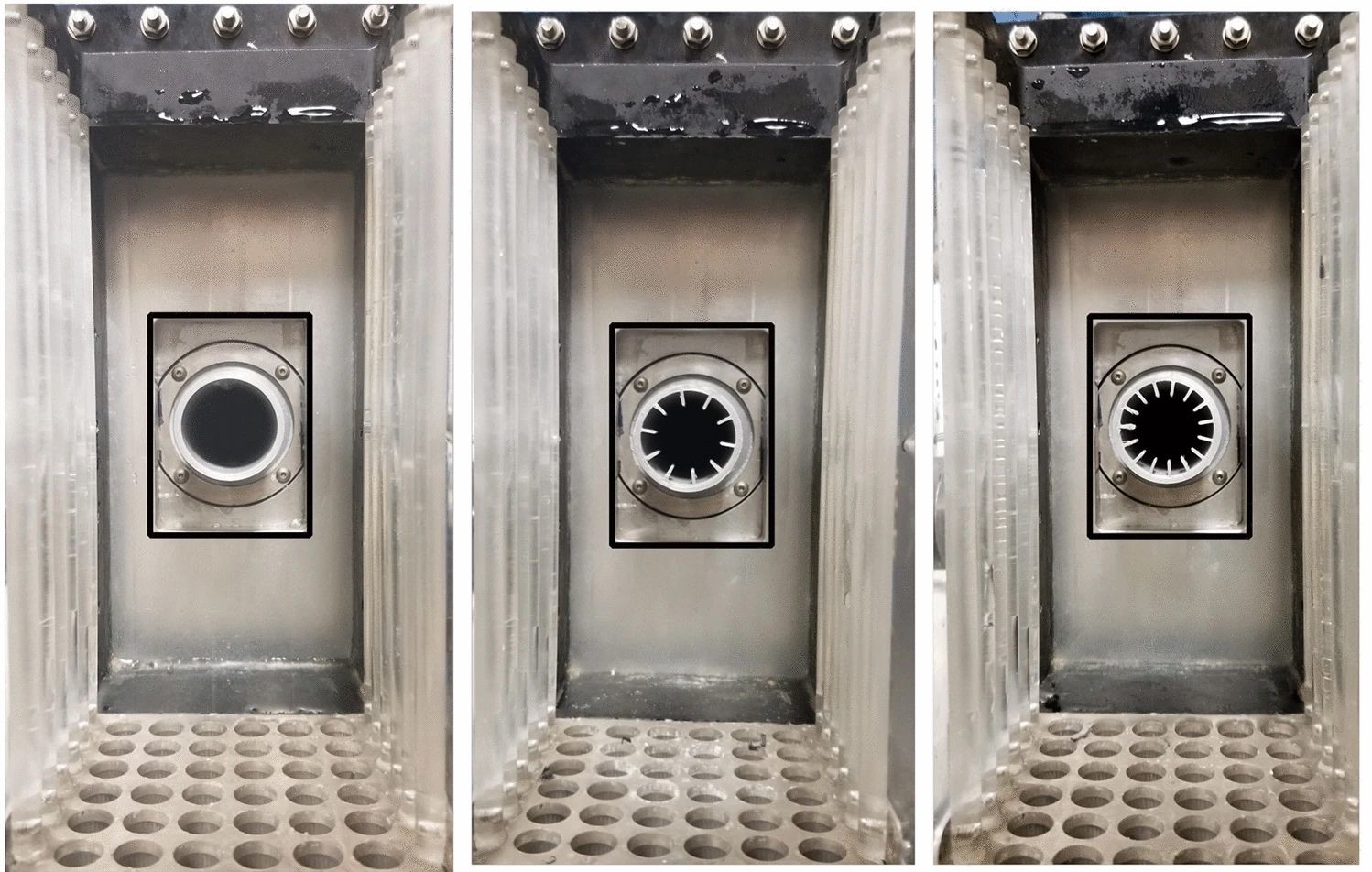 Three tested nozzles: circular nozzle, 10 fins shark-inspired nozzle, and 15 fins shark-inspired nozzle.
