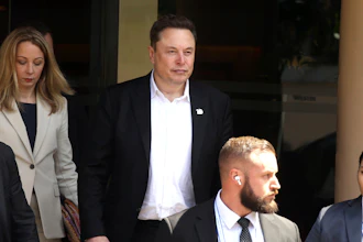 Elon Musk, center, arrives for the 10th World Water Forum in Nusa Dua, Bali, Indonesia on Monday, May 20, 2024.