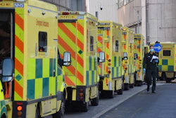 Ambulance vehicles at the Royal London Hospital.