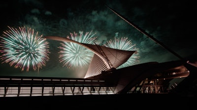 A photograph of fireworks over the Milwaukee Art Museum.