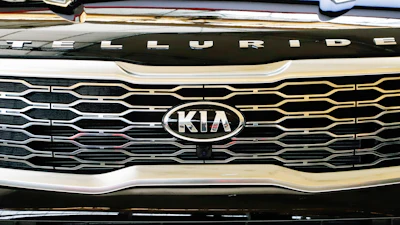 This is the front grill on a 2020 KIA Telluride on display at the 2019 Pittsburgh International Auto Show in Pittsburgh Thursday, Feb. 14, 2019.
