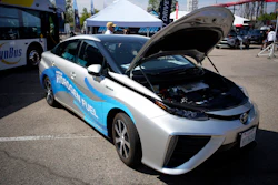 A 2021 Toyota Prius that runs on a hydrogen fuel cell sits on display at the Denver auto show.
