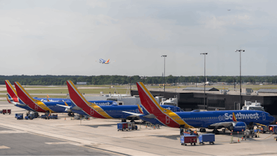 Southwest Airlines planes can be seen on the terminal at Baltimore/Washington International Thurgood Marshall Airport.