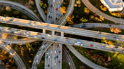 Helicopter aerial view of the famous Los Angeles four level freeway interchange.