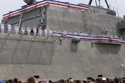 Thousands attend the commissioning ceremony for the USS Manchester at the New Hampshire State Pier in Portsmouth, N.H.