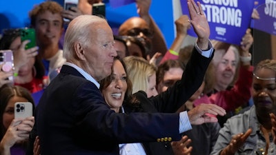 Democratic presidential nominee Vice President Kamala Harris campaigns with President Joe Biden at the IBEW Local Union #5 union hall in Pittsburgh, on Labor Day, Monday, Sept. 2, 2024.