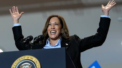 Democratic presidential nominee Vice President Kamala Harris campaigns with President Joe Biden at the IBEW Local Union #5 union hall in Pittsburgh on Labor Day, Monday, Sept. 2, 2024.