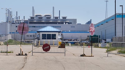 An entrance to the Stellantis factory in Belvidere. Ill., is shown on July 10, 2023.