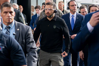 In this photo provided by the U.S. Army, Ukrainian President Volodymyr Zelenskyy, center, tours the Scranton Army Ammunition Plant in Scranton, Pa., Sunday, Sept. 22, 2024.