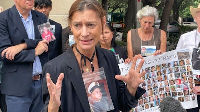 Catherine Berthet, whose daughter Camille Geoffrey died in the March, 2019, crash of an Ethiopian Airlines 737 Max, speaks outside federal court in Fort Worth, Texas, on Friday, Oct. 11, 2024.