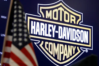 The logo for Harley-Davidson appears above a trading post on the floor of the New York Stock Exchange, March 3, 2020.