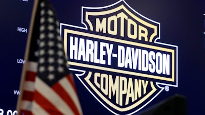 The logo for Harley-Davidson appears above a trading post on the floor of the New York Stock Exchange, March 3, 2020.