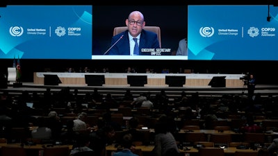 Simon Stiell, United Nations climate chief, speaks during a closing plenary session at the COP29 U.N. Climate Summit, Sunday, Nov. 24, 2024, in Baku, Azerbaijan.