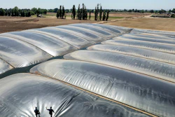 Robbie Macias, Aemetis vice president of biogas, with Wickstrom Jersey Farms manager Brent Wickstrom on a dairy digester in Hilmar, Calif., May 9, 2024.