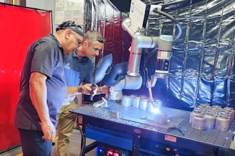 Production manager Camilo Aguilar (left) and CEO Justin Montes, DeAngelo Marine Exhaust, watch how Hirebotics’ Cobot Welder MIG welds at 20 inches per minute, a 10x boost in production compared to manual TIG welding.